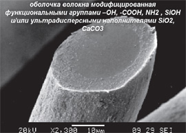 Оболочка волокна модифицированная функциональными группами -OH, -COOH, NH2, SiOH и/или ультрадисперсными наполнителями SiOH CaCO3